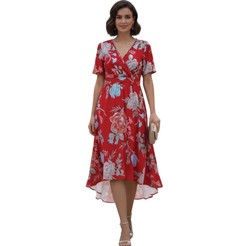 Just Fashion Now NWT Floral V Neck Hi-Low Short Sleeve Midi Dress sz L